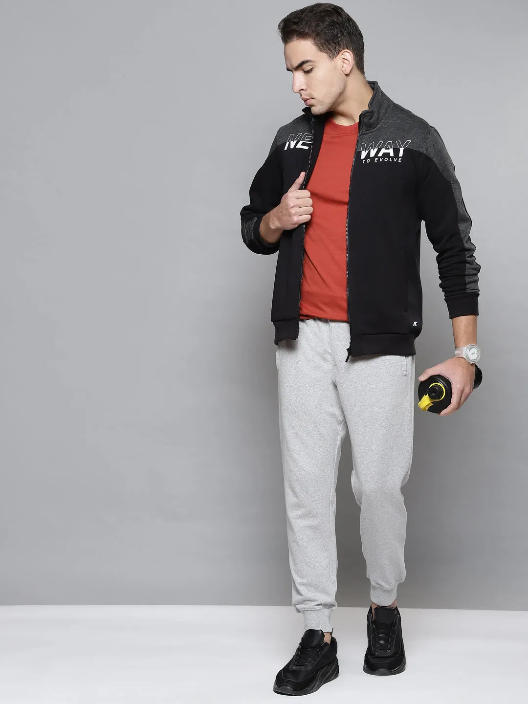 Alcis Men Black Grey Typography Colourblocked Cotton Sporty Jacket