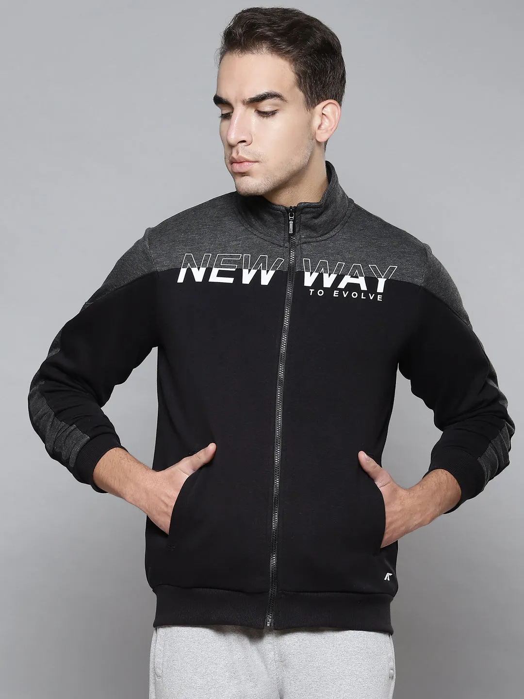 Alcis Men Black Grey Typography Colourblocked Cotton Sporty Jacket