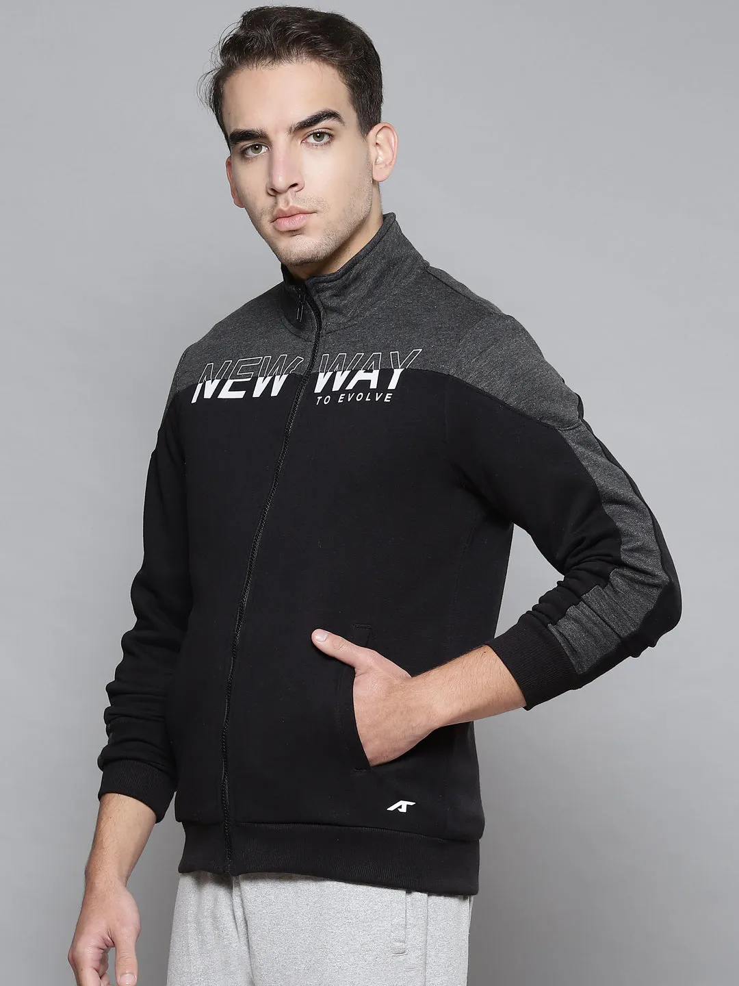 Alcis Men Black Grey Typography Colourblocked Cotton Sporty Jacket