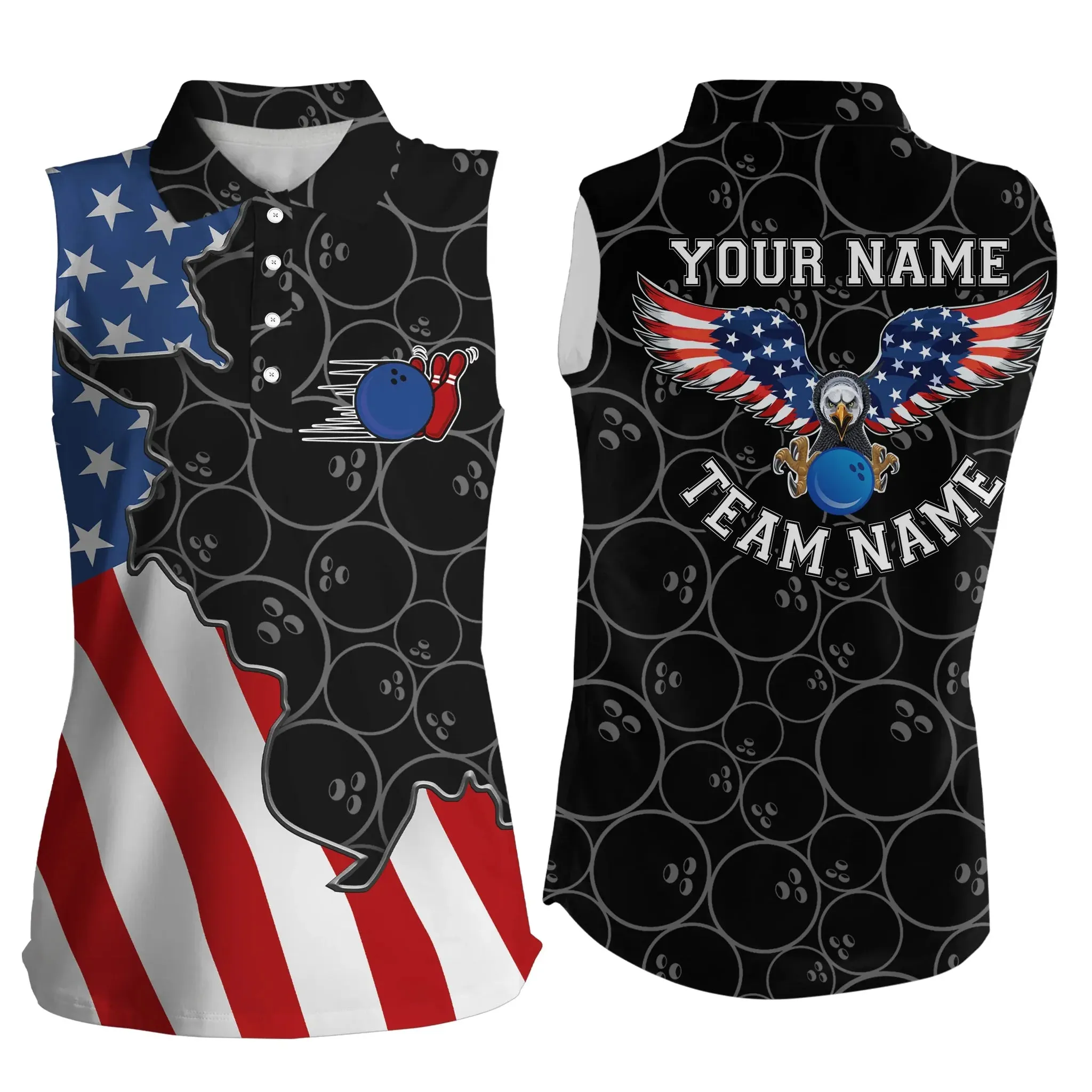 American Flag Patriotic Retro Bowling Sleeveless Polo Shirts For Women Custom Bowling Team