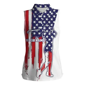 American Flag Women Sleeveless Polo Shirt Custom Name Patriot Golf Gifts, Golf Shirts For Women