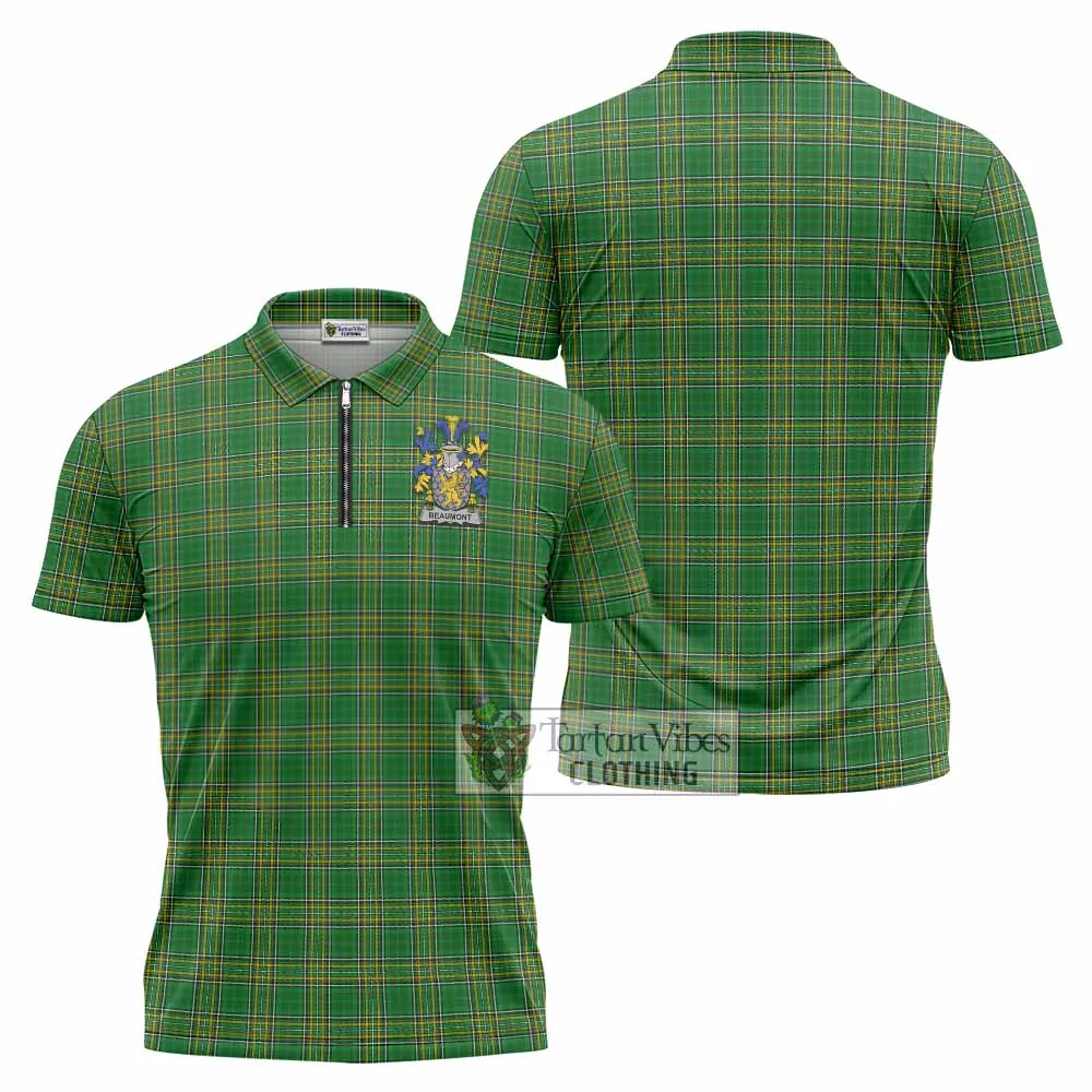 Beaumont Irish Clan Tartan Zipper Polo Shirt with Coat of Arms