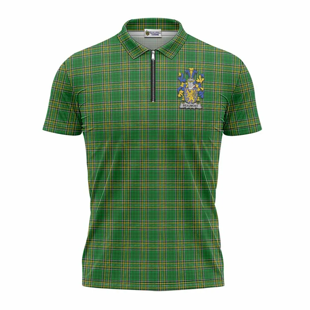 Beaumont Irish Clan Tartan Zipper Polo Shirt with Coat of Arms