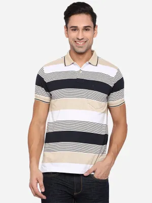 Beige Striped Slim Fit Polo T-Shirt | Greenfibre