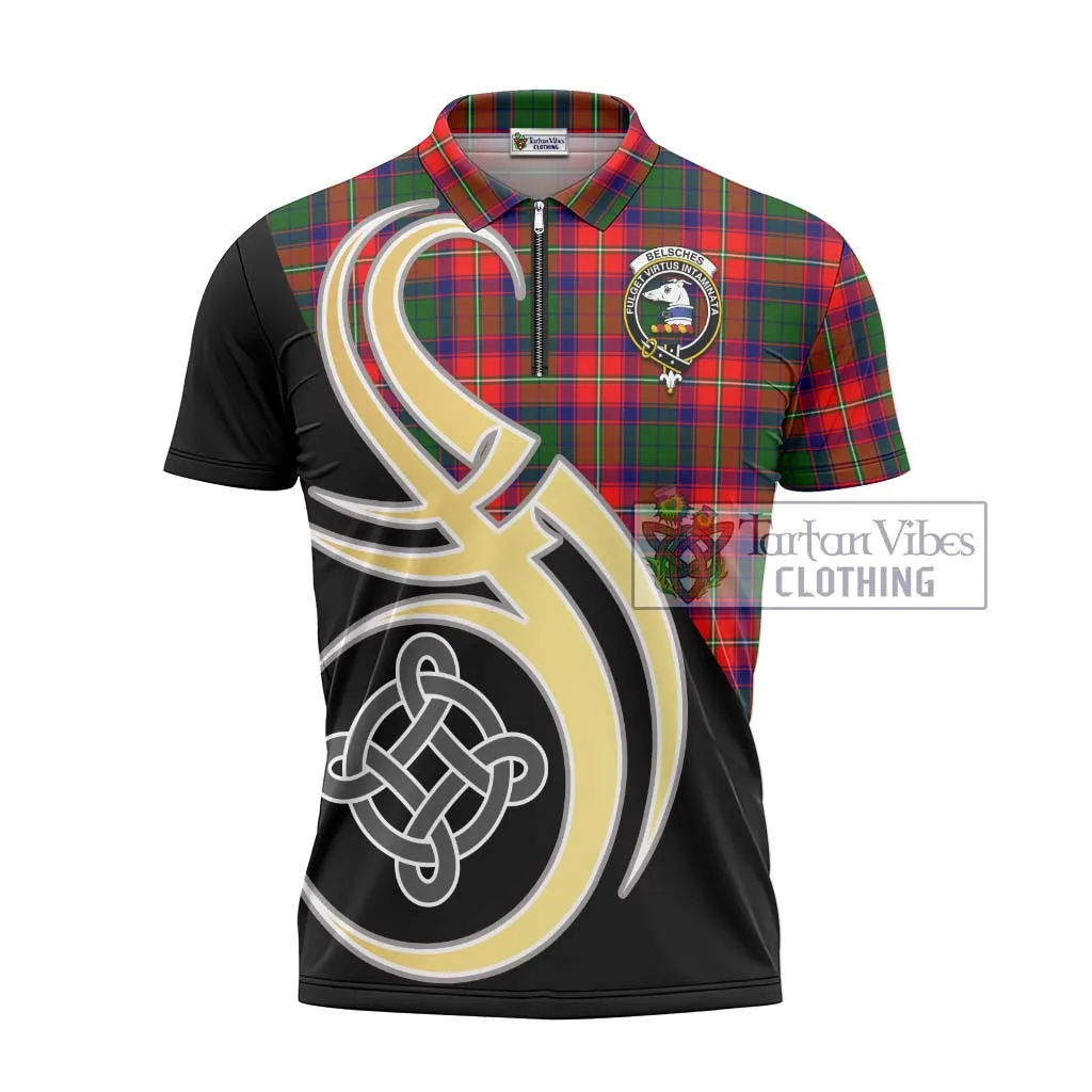 Belsches Tartan Zipper Polo Shirt with Family Crest and Celtic Symbol Style