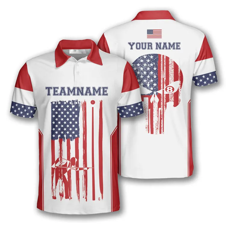 Billiard Patriotic Skull Flag White Custom Billiard Shirts for Men, Custom Billiard Shirts for Team, Men's Billiard Polo Shirts