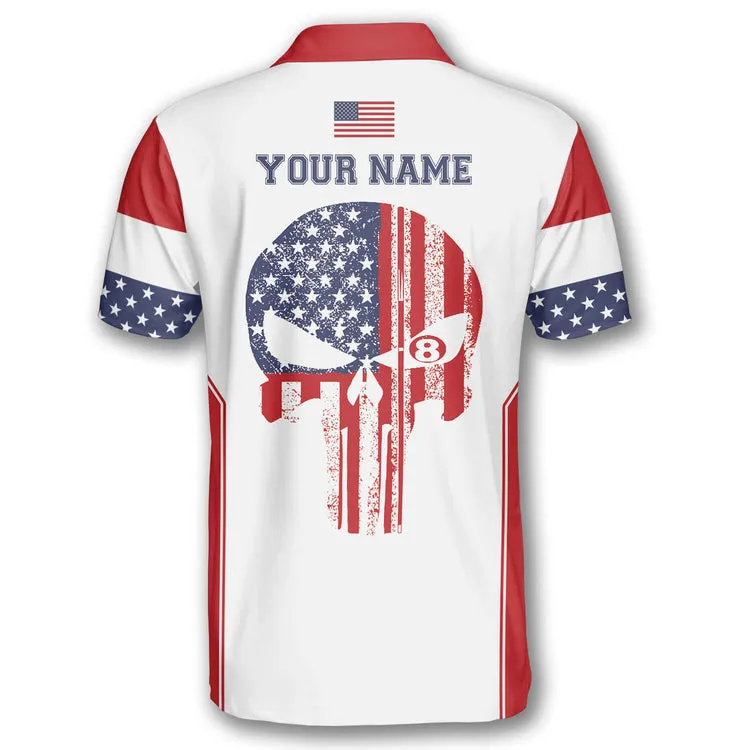 Billiard Patriotic Skull Flag White Custom Billiard Shirts for Men, Custom Billiard Shirts for Team, Men's Billiard Polo Shirts