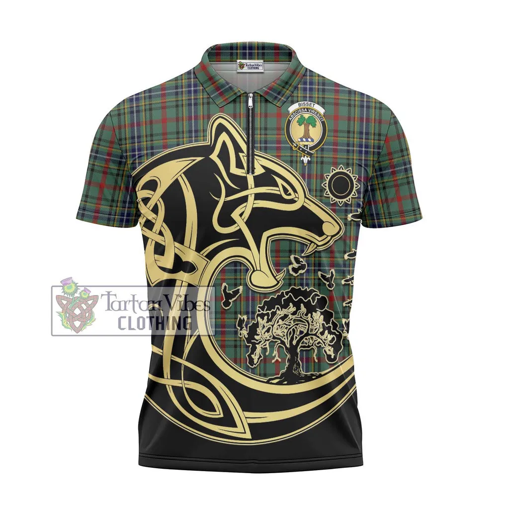 Bisset Tartan Zipper Polo Shirt with Family Crest Celtic Wolf Style