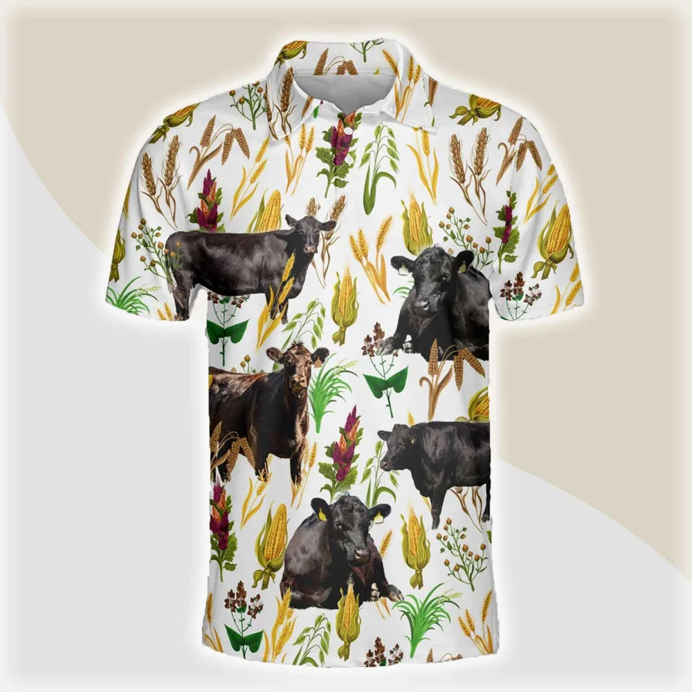 Black Angus Men Polo Shirts - Black Angus Farm Wheat Pattern Button Shirts For Men - Perfect Gift For Black Angus Lovers, Cattle Lovers