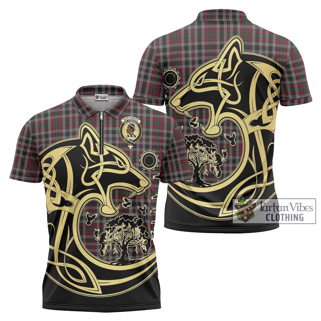 Borthwick Tartan Zipper Polo Shirt with Family Crest Celtic Wolf Style