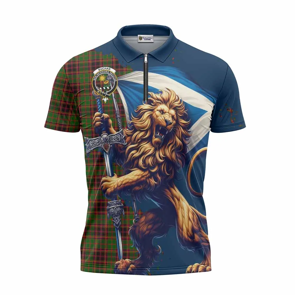 Buchan Tartan Family Crest Zipper Polo Shirt with Scottish Majestic Lion