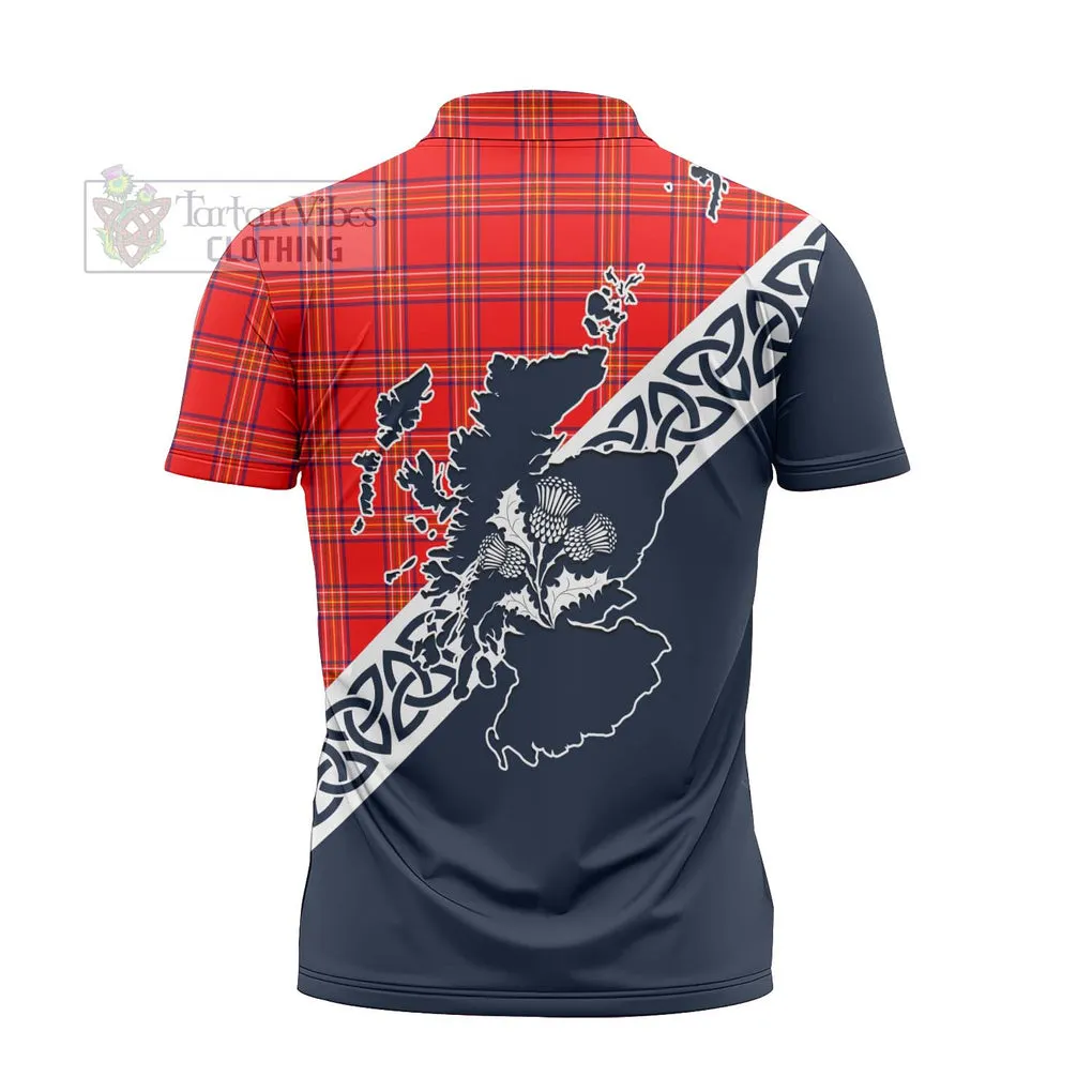 Burnett Tartan Zipper Polo Shirt Featuring Thistle and Scotland Map