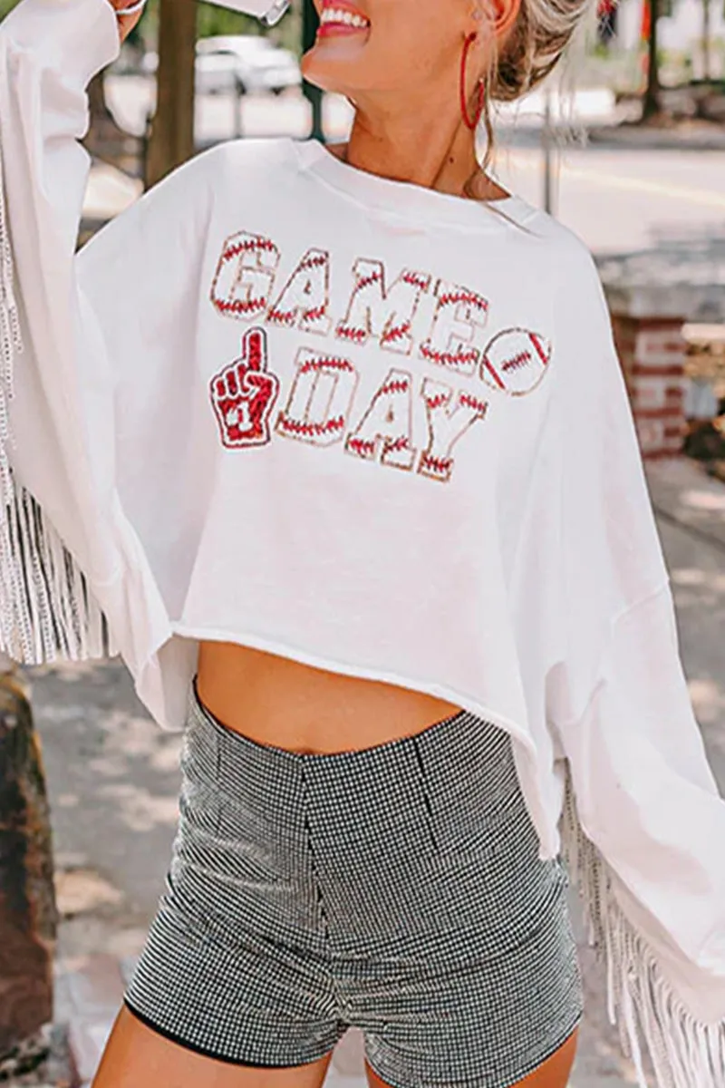 Casual Letter Tassel O Neck Tops