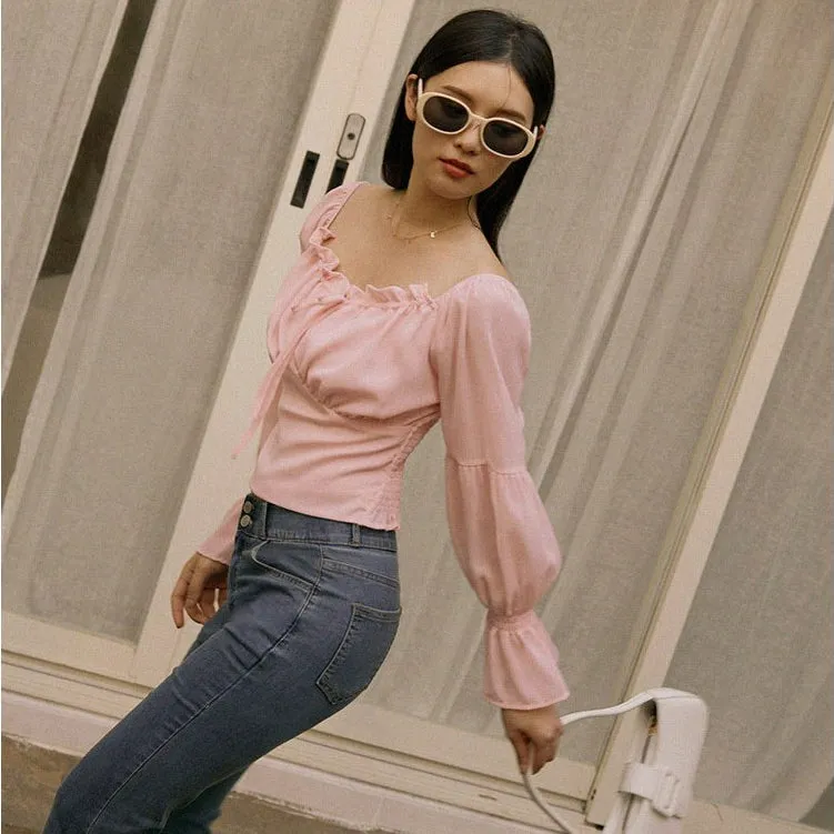 Casual Ruffle Smocked Chiffon Long Sleeve Blouse Top