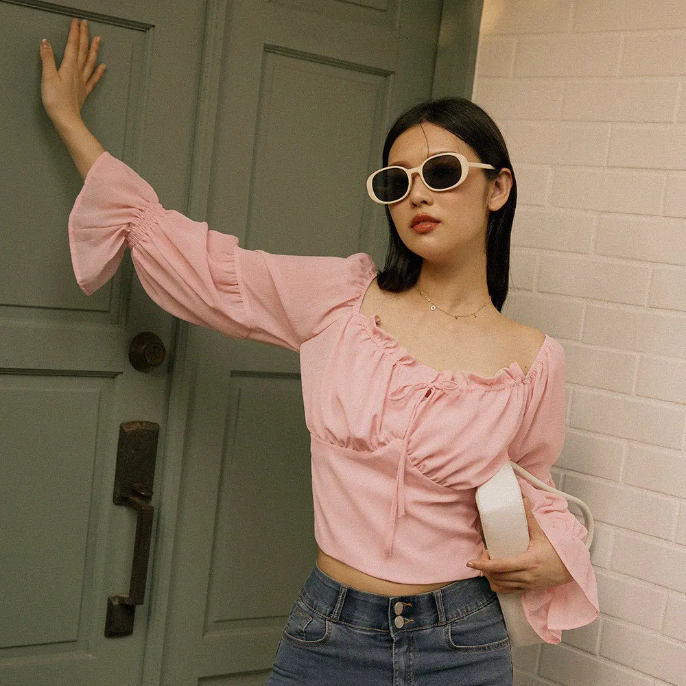 Casual Ruffle Smocked Chiffon Long Sleeve Blouse Top