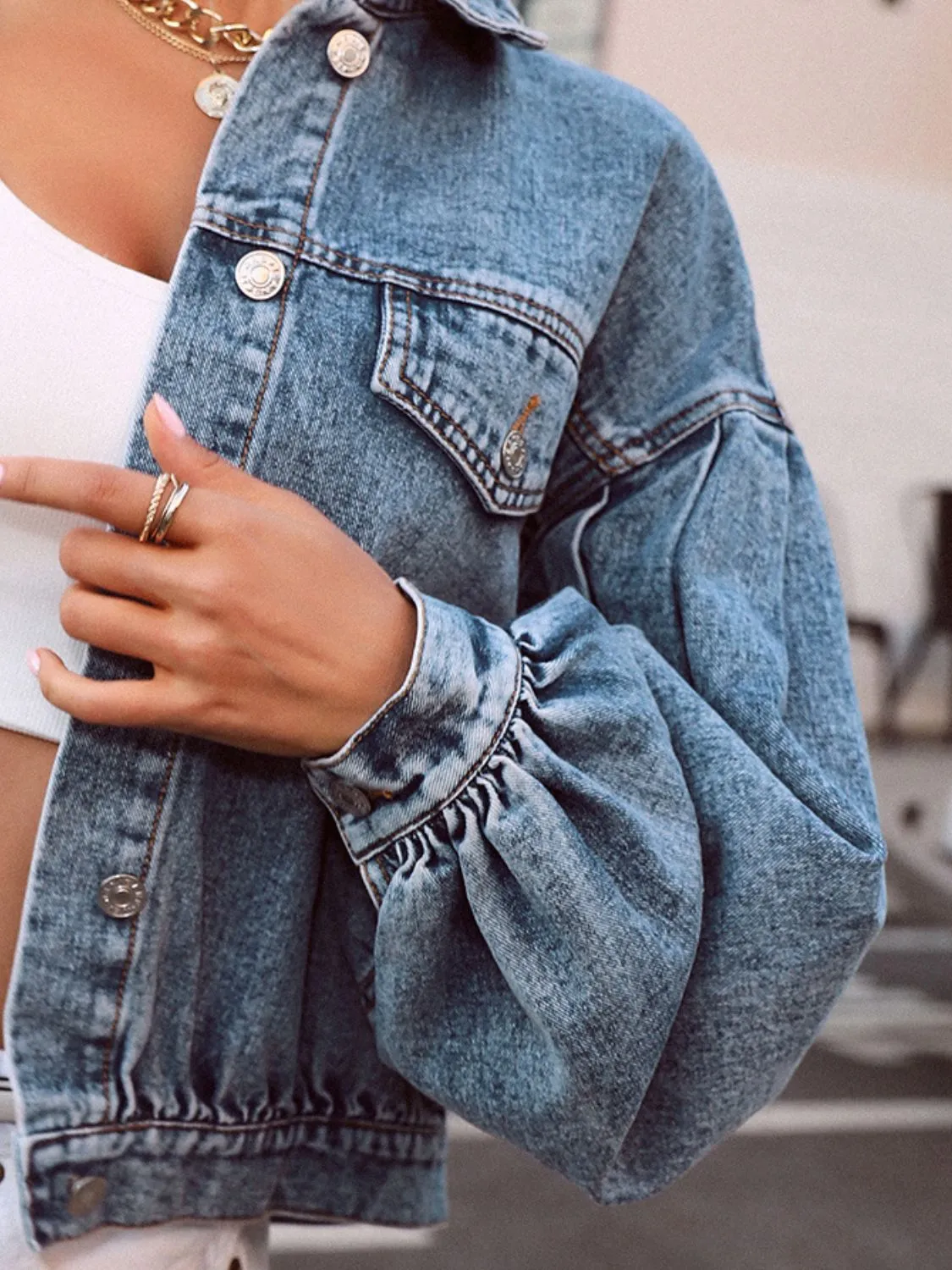 Collared Neck Dropped Shoulder Denim Top