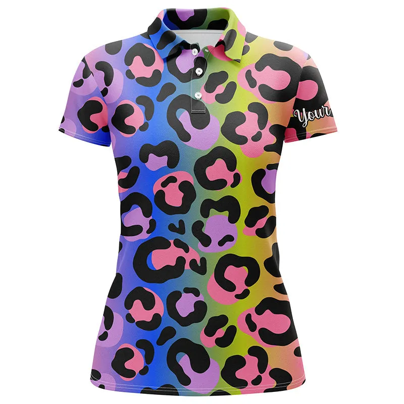 Colorful Neon Rainbow Leopard Custom Women Golf Polo Shirts, Team Golf Shirt Gift For Golf Lovers