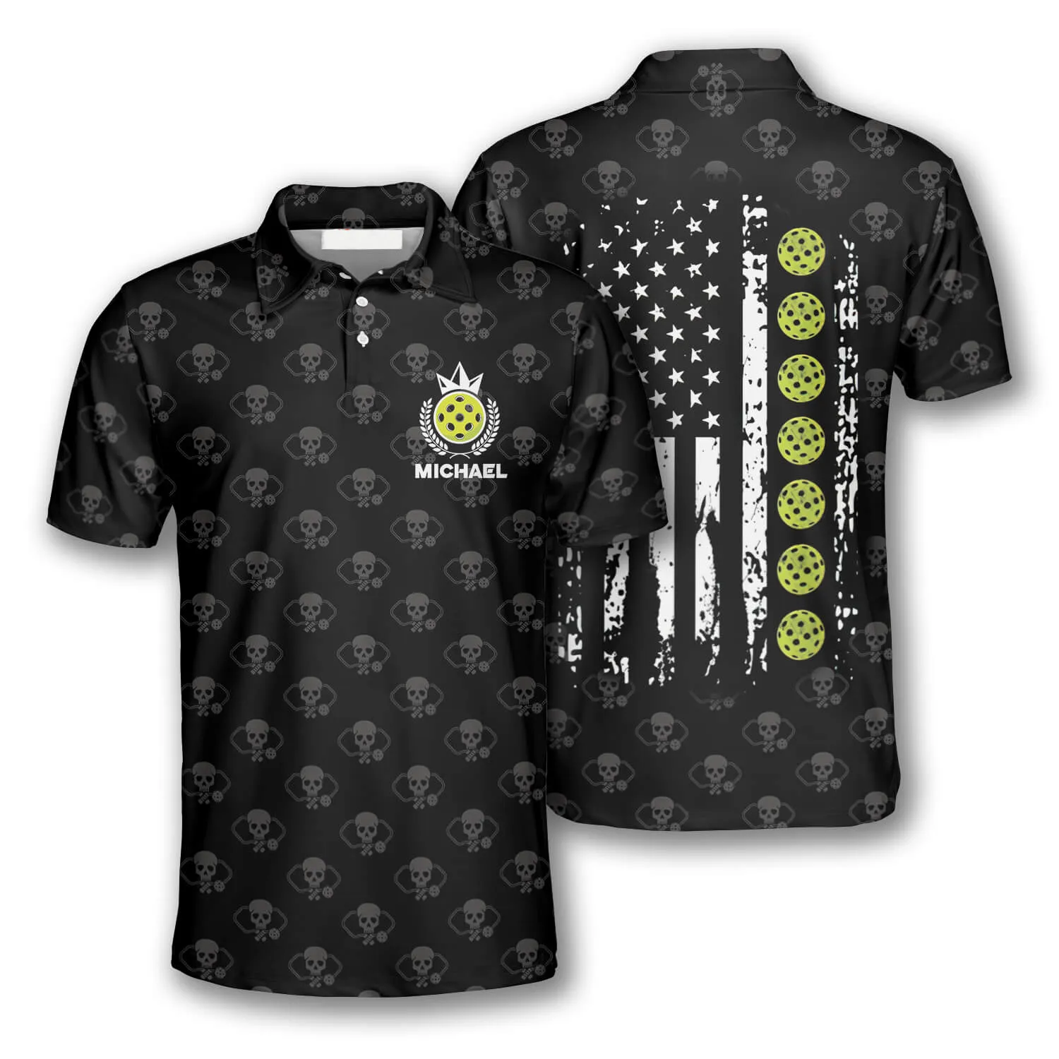 Custom Name Skull Pattern American Flag Custom Pickleball Polo Shirts for Men