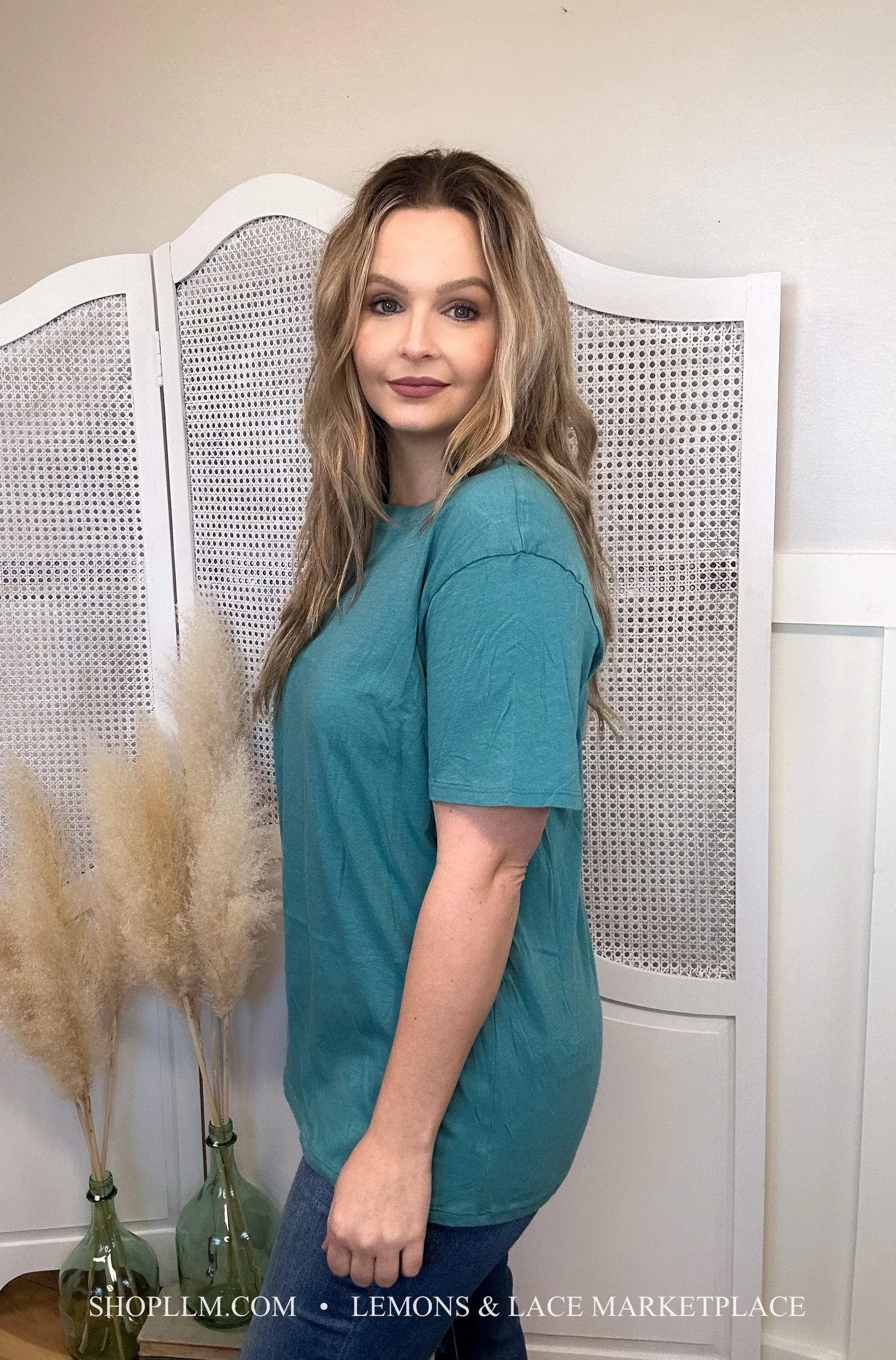 Dusty Teal Better Than Basic Boyfriend Tee Round Neck