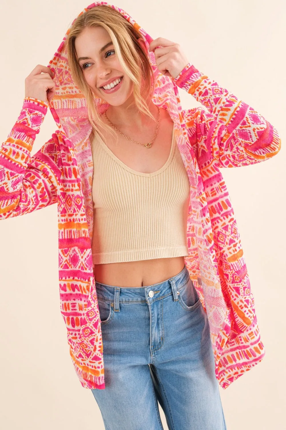 Full Size Printed Thermal Hooded Open Front Cardigan