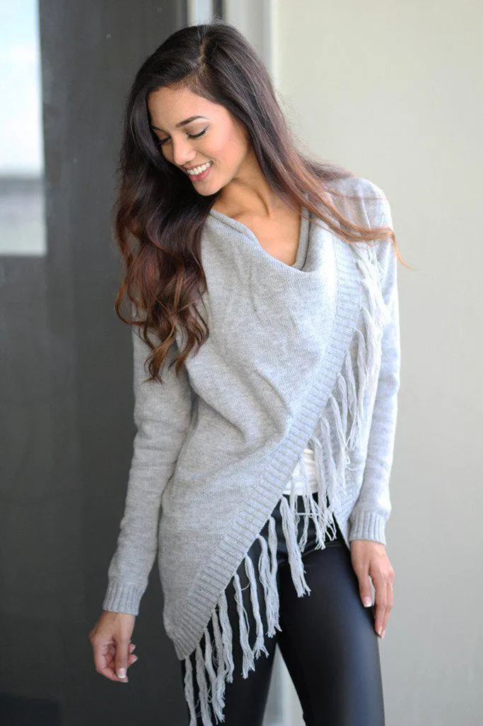 Gray Wrap Fringe Cardigan