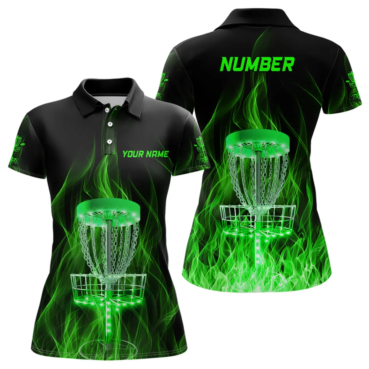 Green Fire Flame Disc Golf Basket Polo Shirts Custom Disc Golf Shirts For Women Golf Gifts