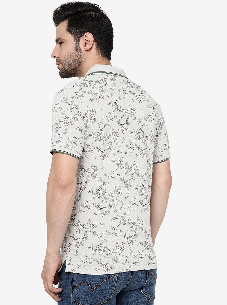 Grey Melange Printed Slim Fit Polo T- Shirt | Greenfibre