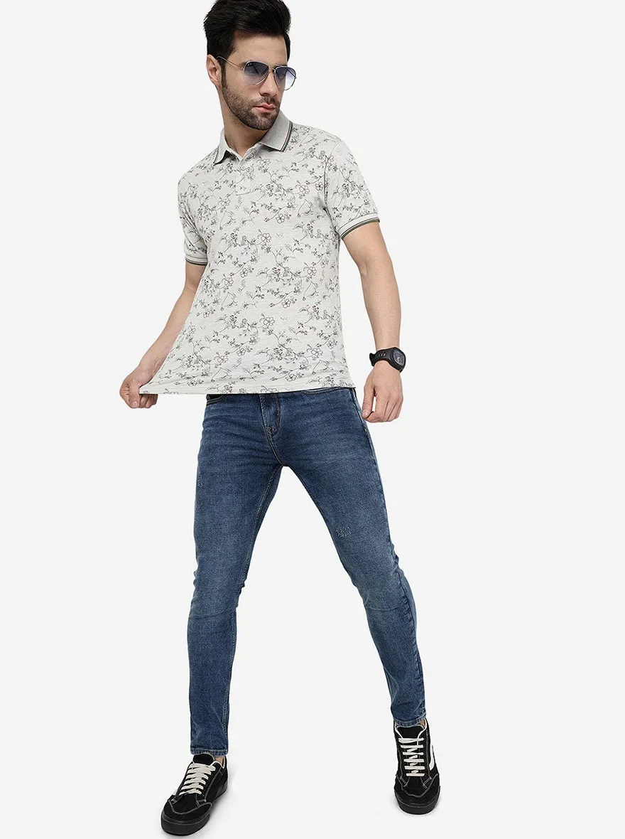 Grey Melange Printed Slim Fit Polo T- Shirt | Greenfibre