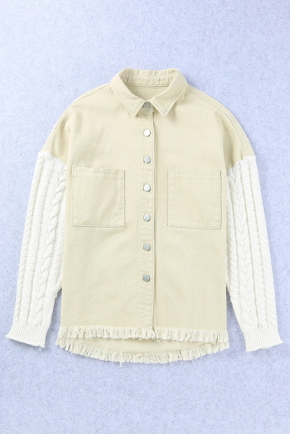 Khaki Cable Knit Sleeves Raw Hem Denim Jacket