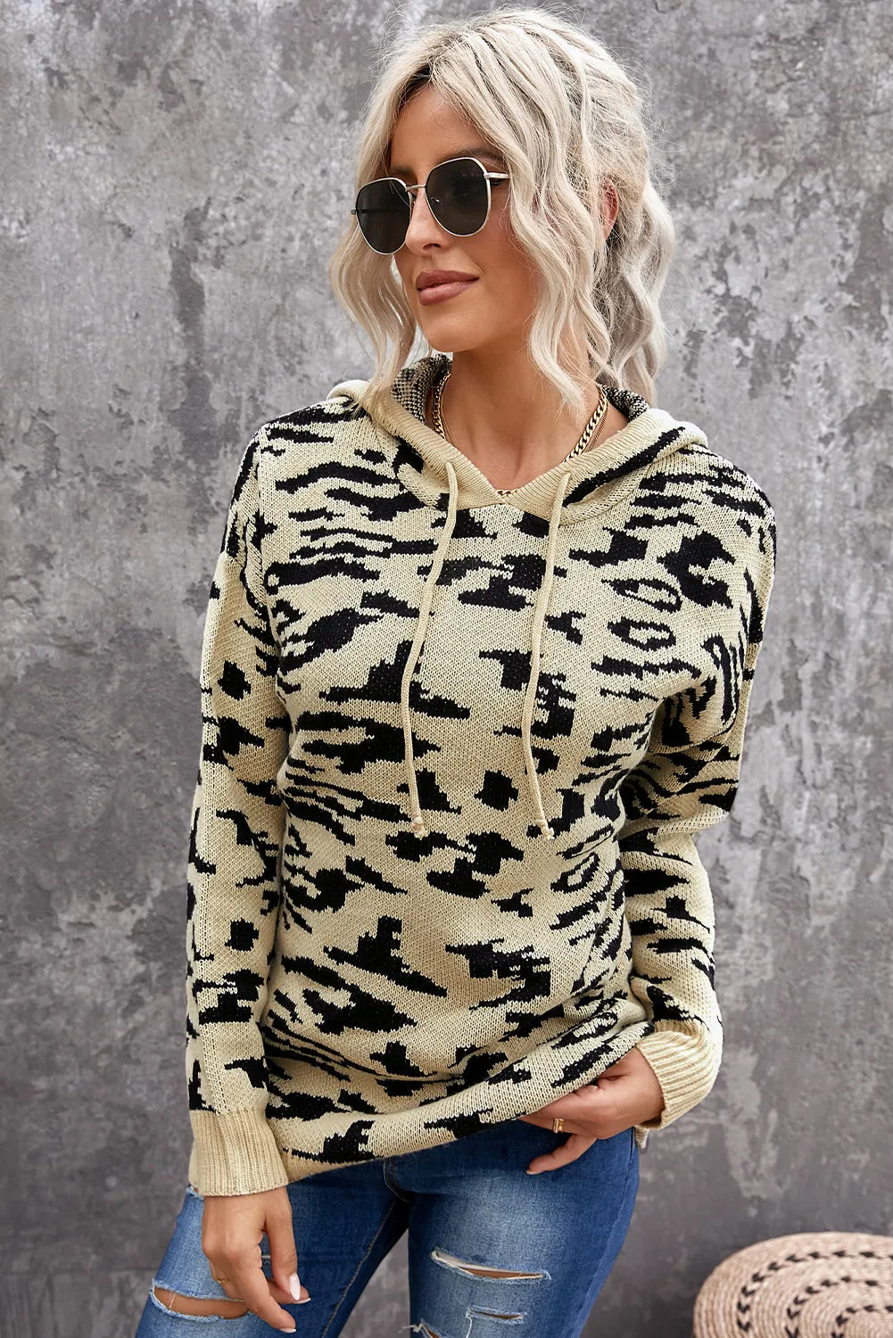 Leopard Sweater Hoodie - Khaki