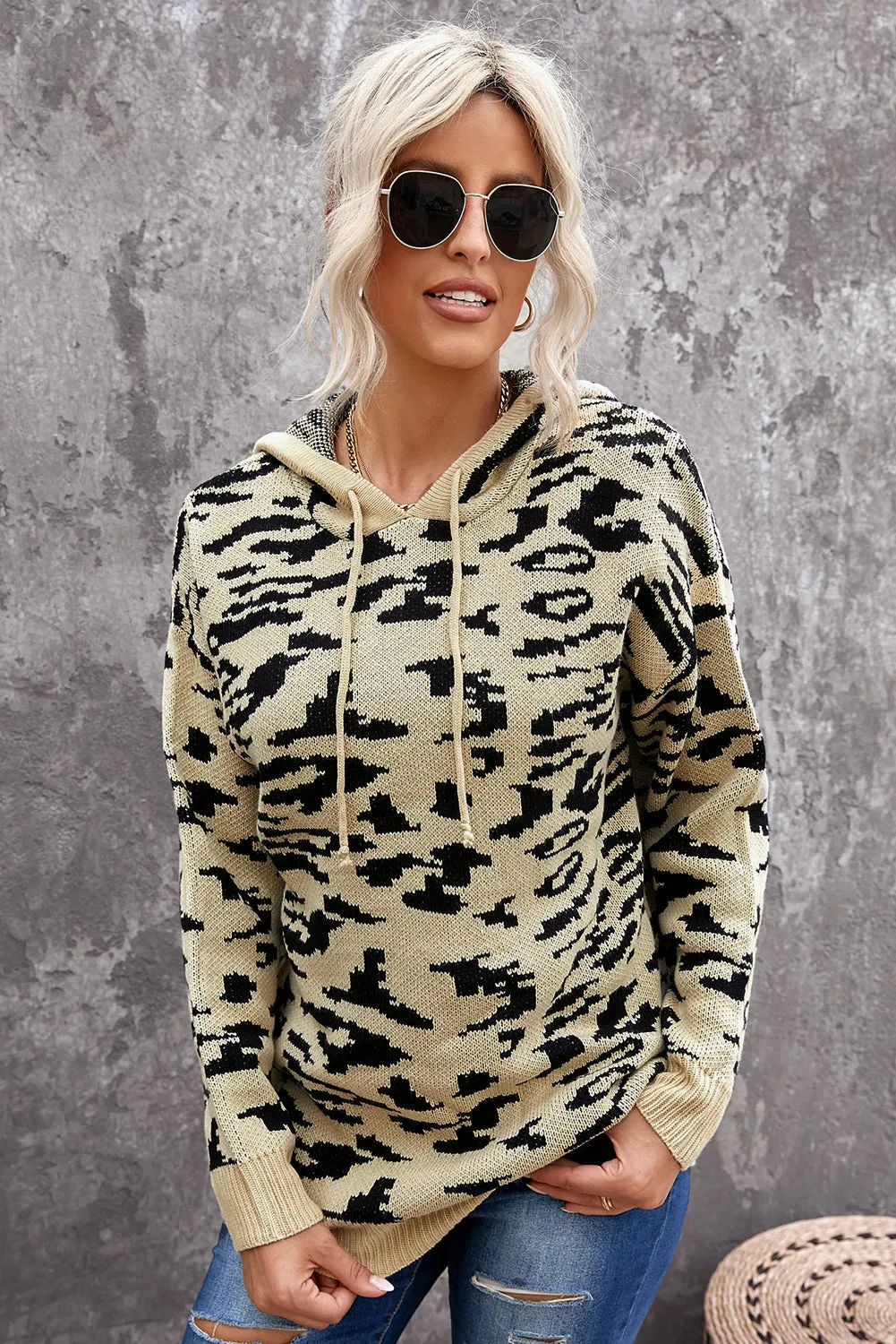 Leopard Sweater Hoodie - Khaki