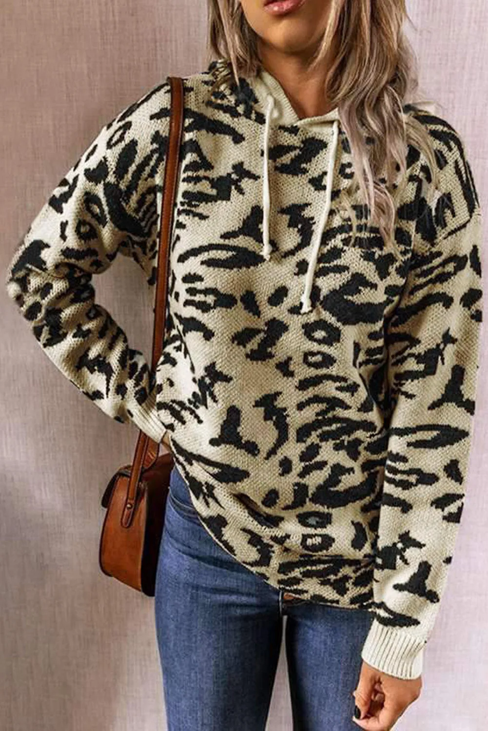 Leopard Sweater Hoodie - Khaki