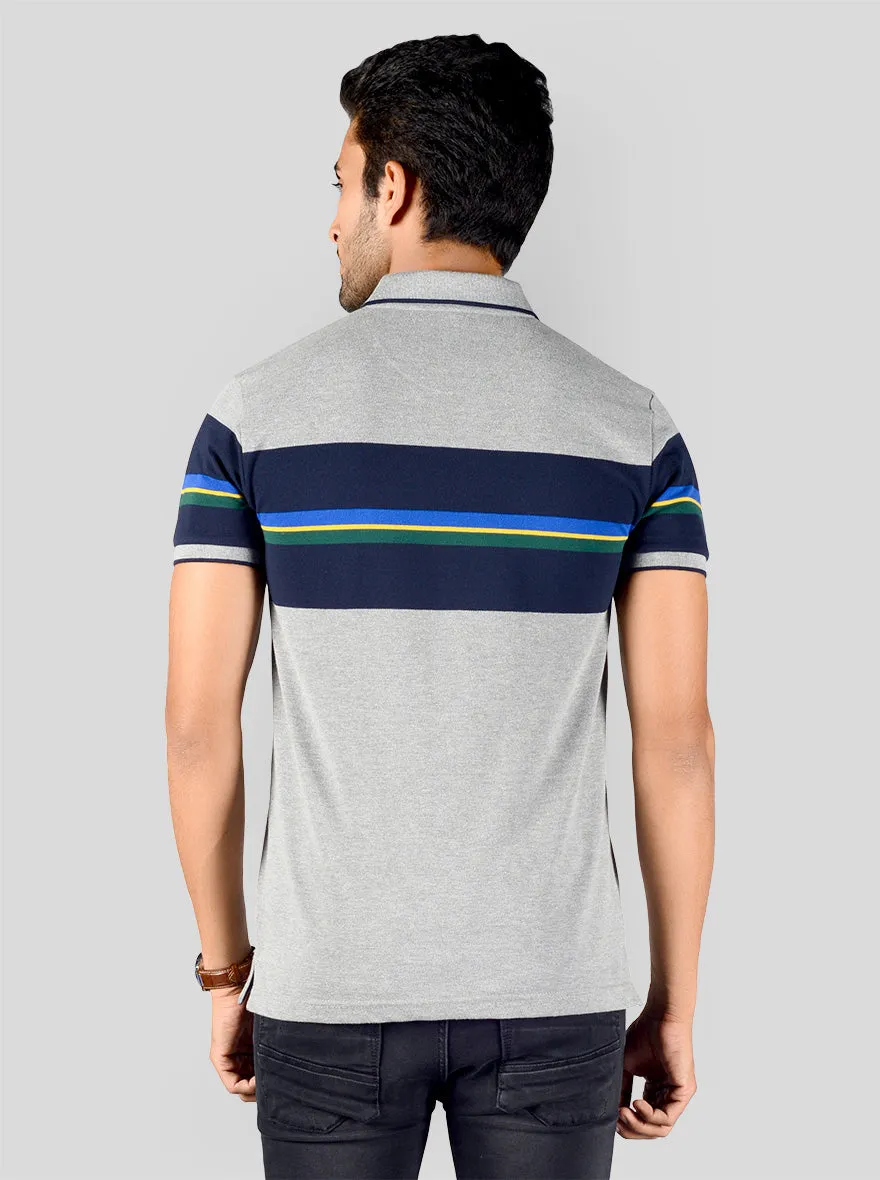 Light Grey & Blue Striped Slim Fit Polo T-shirt | Greenfibre