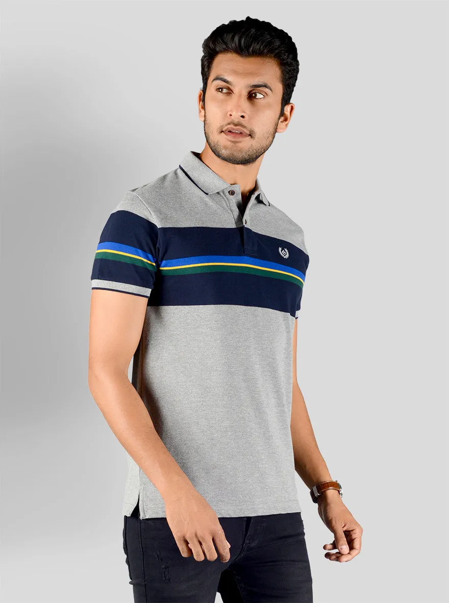 Light Grey & Blue Striped Slim Fit Polo T-shirt | Greenfibre