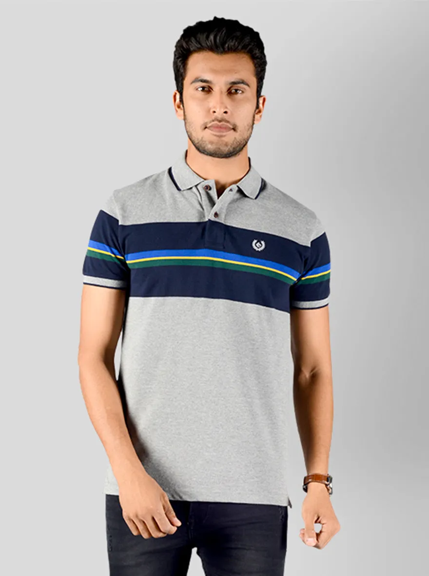 Light Grey & Blue Striped Slim Fit Polo T-shirt | Greenfibre