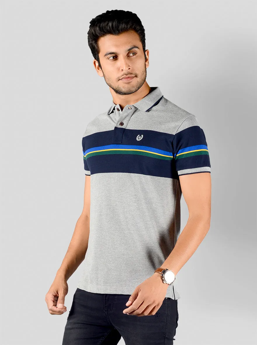 Light Grey & Blue Striped Slim Fit Polo T-shirt | Greenfibre