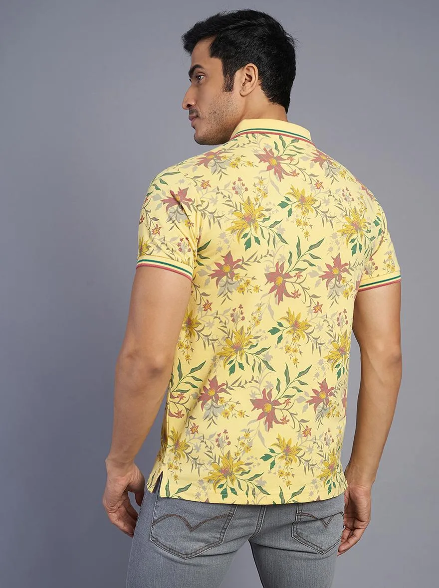 Light Yellow Printed Slim Fit Polo T-Shirt | Greenfibre