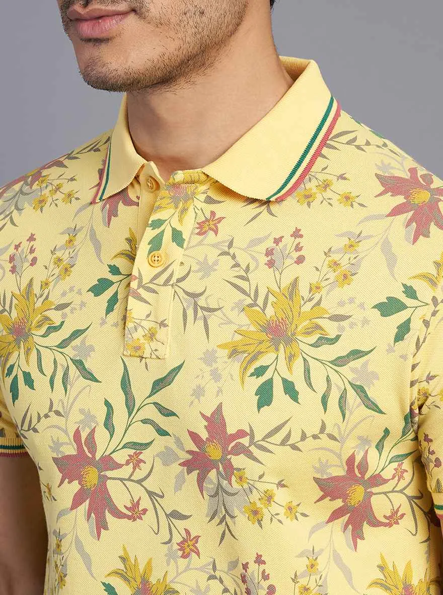 Light Yellow Printed Slim Fit Polo T-Shirt | Greenfibre