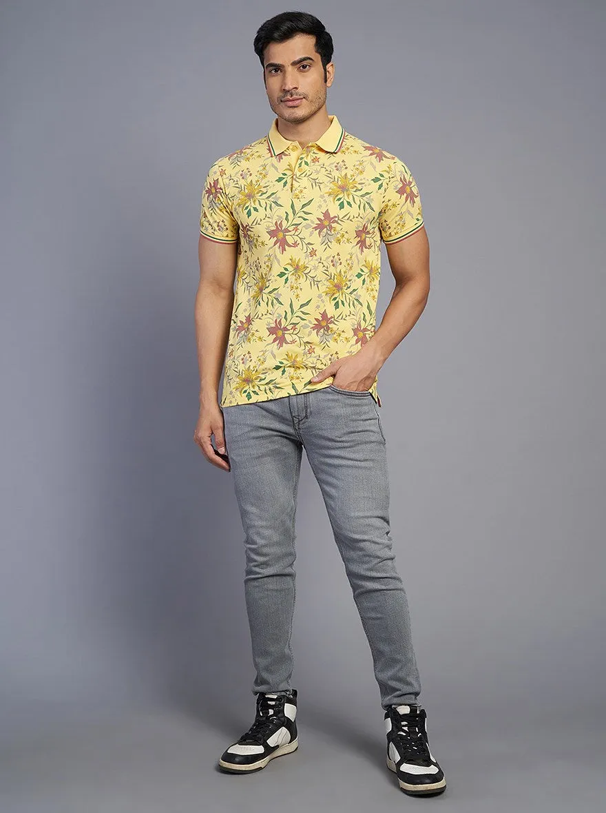 Light Yellow Printed Slim Fit Polo T-Shirt | Greenfibre