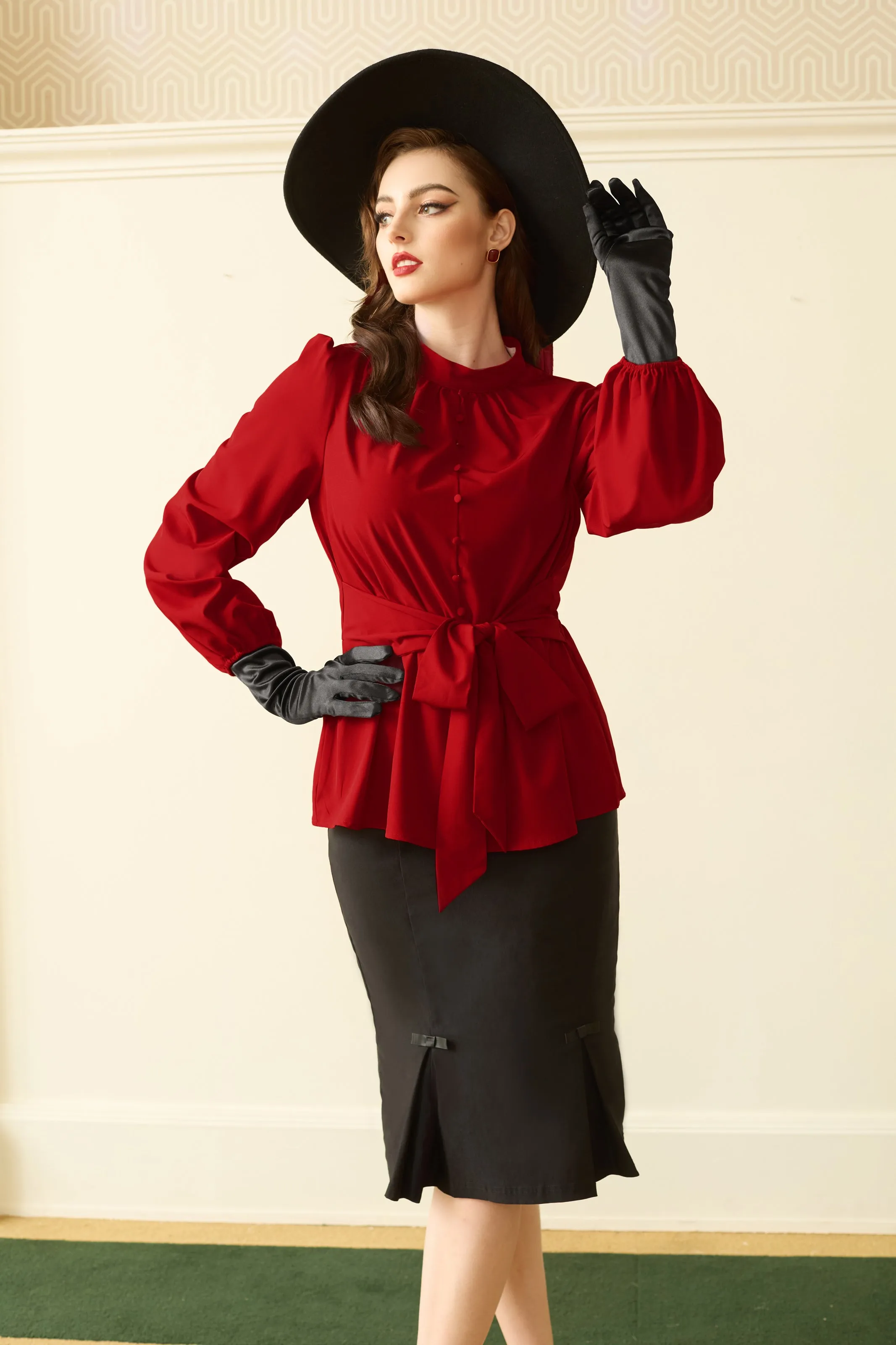 Long Sleeve Bow Tie Blouse Peplum Puff Sleeve Work Empire Waist Tops