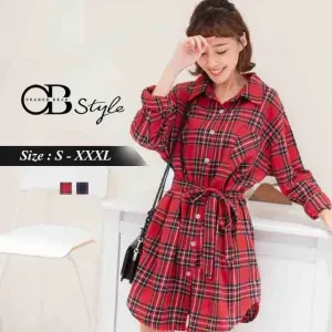 ORANGEBEAR CHECKED STRAP LONG SHIRT TOPS