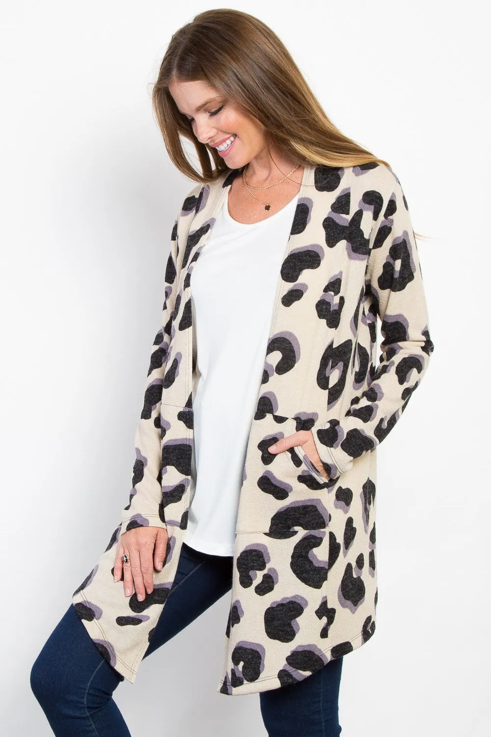 Printed Open Front Knit Cardigan with Pockets