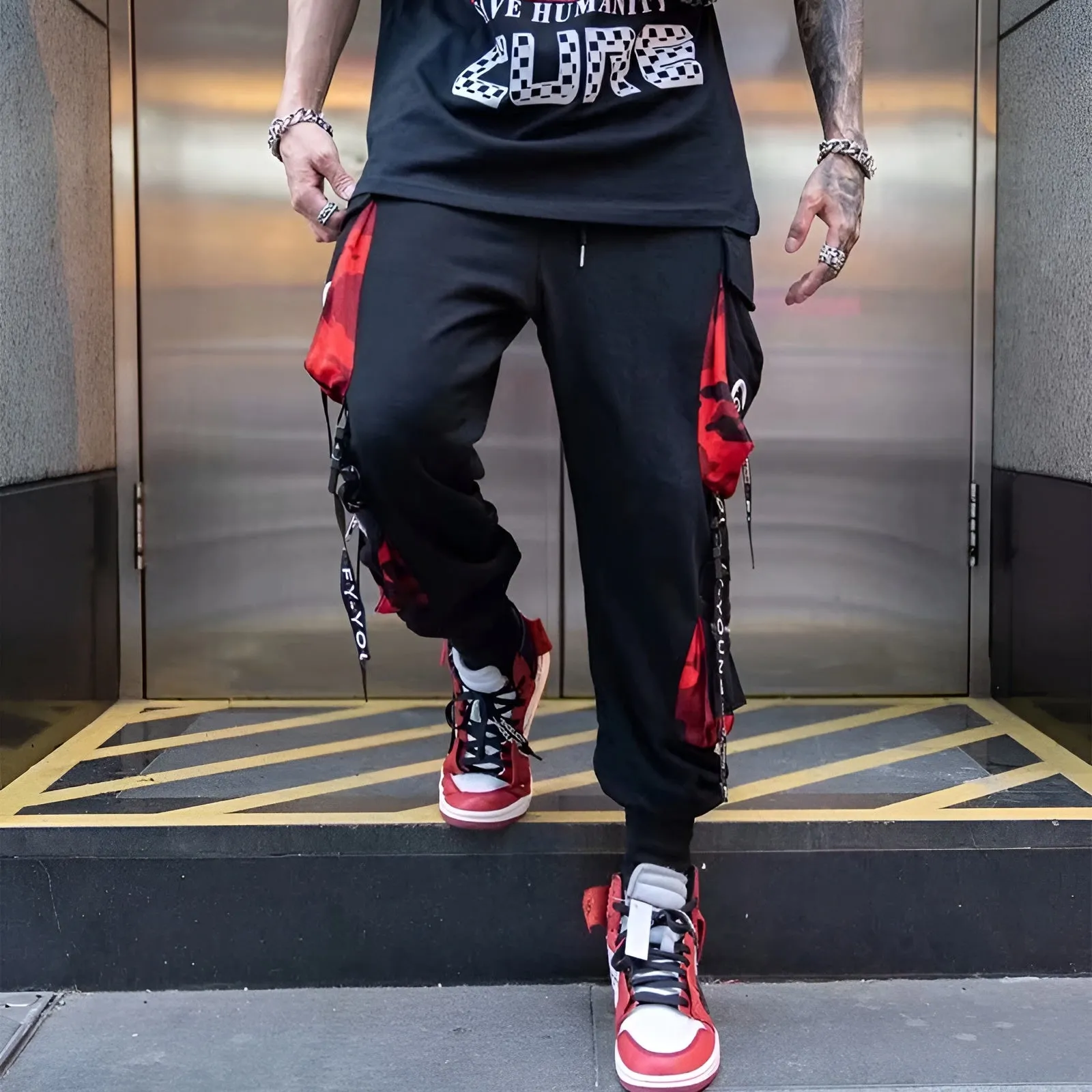 Red And Black Techwear Pants