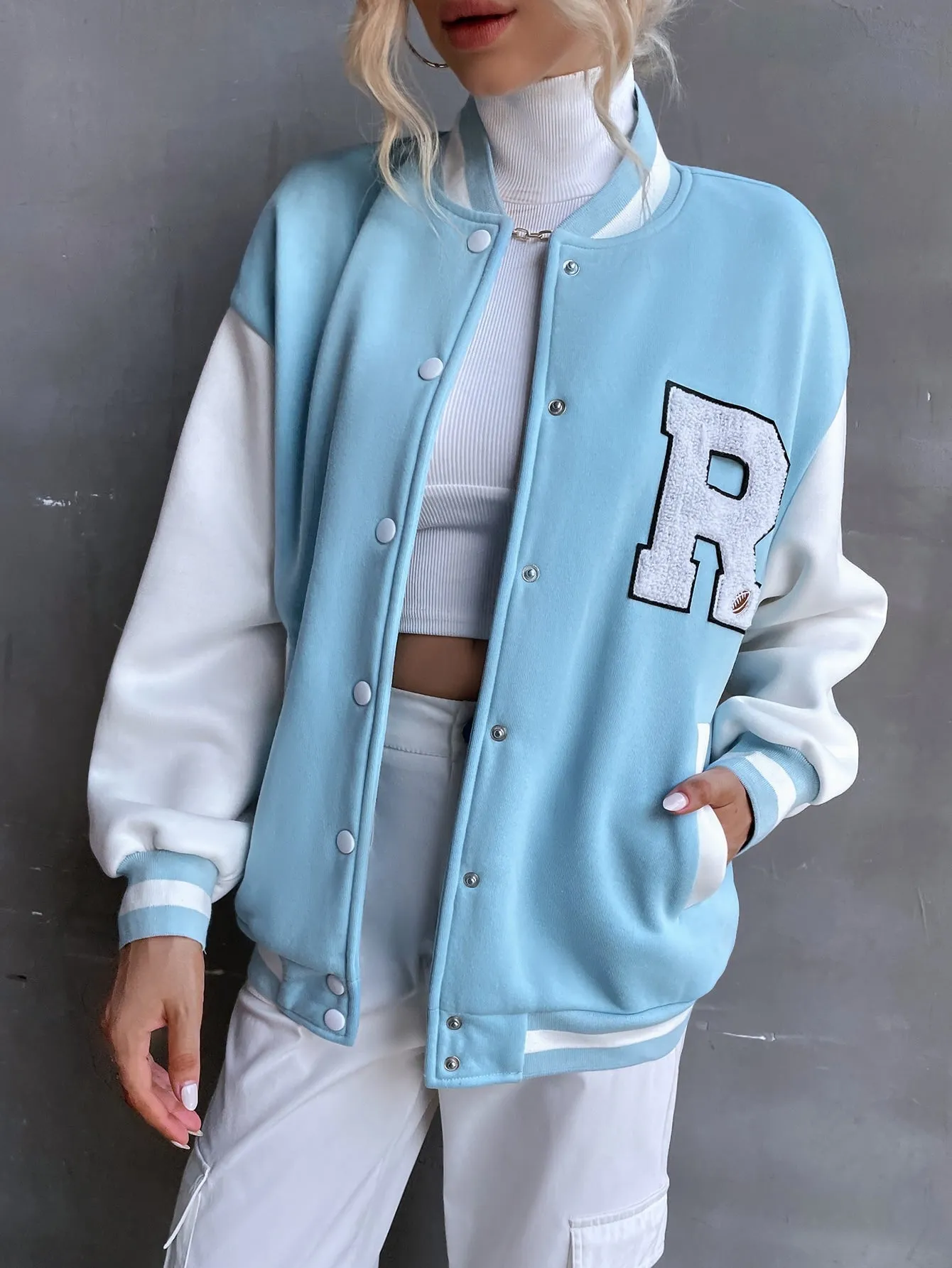 SHEIN MOOSTA Letter Patched Drop Shoulder Varsity Jacket