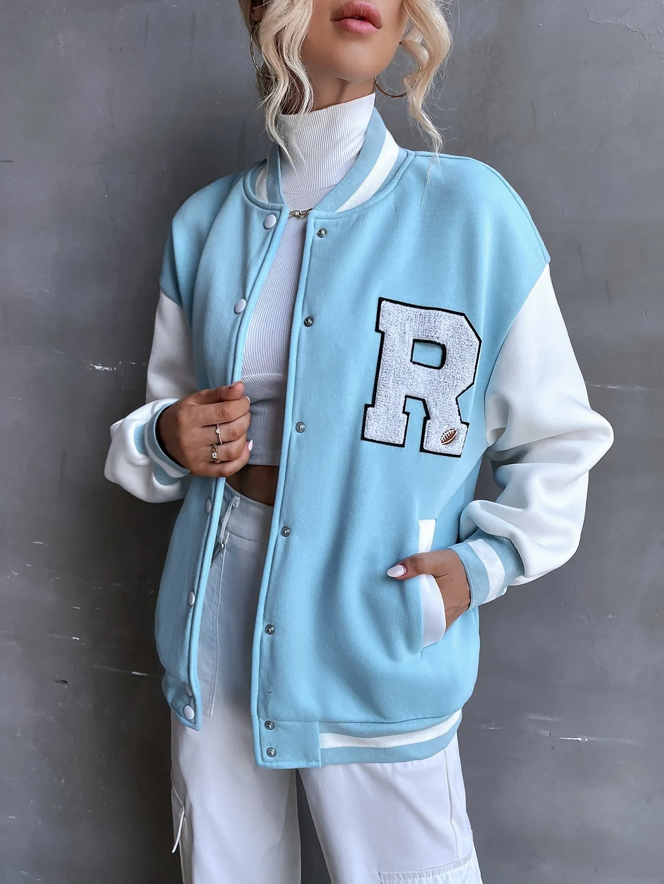 SHEIN MOOSTA Letter Patched Drop Shoulder Varsity Jacket