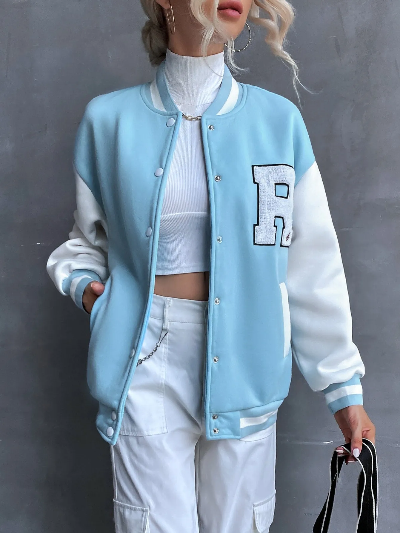 SHEIN MOOSTA Letter Patched Drop Shoulder Varsity Jacket