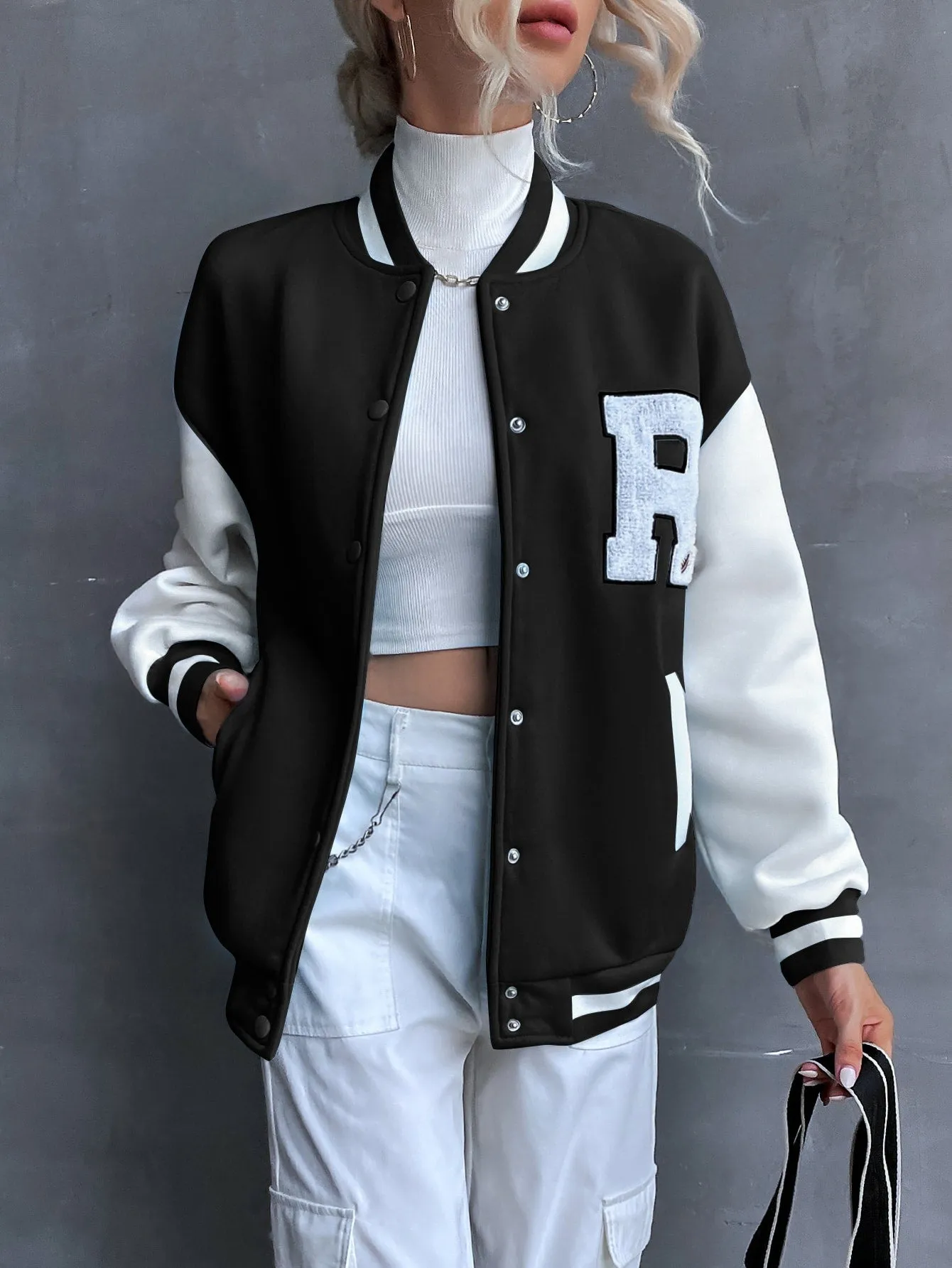 SHEIN MOOSTA Letter Patched Drop Shoulder Varsity Jacket