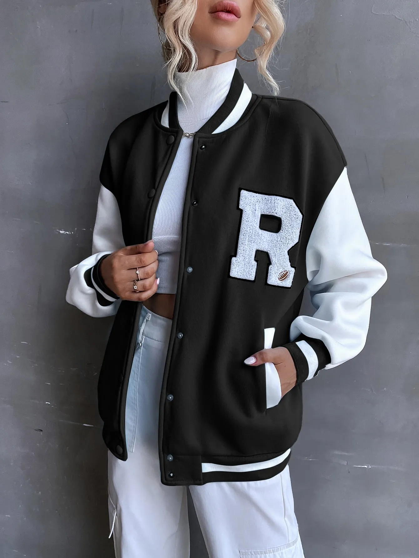 SHEIN MOOSTA Letter Patched Drop Shoulder Varsity Jacket