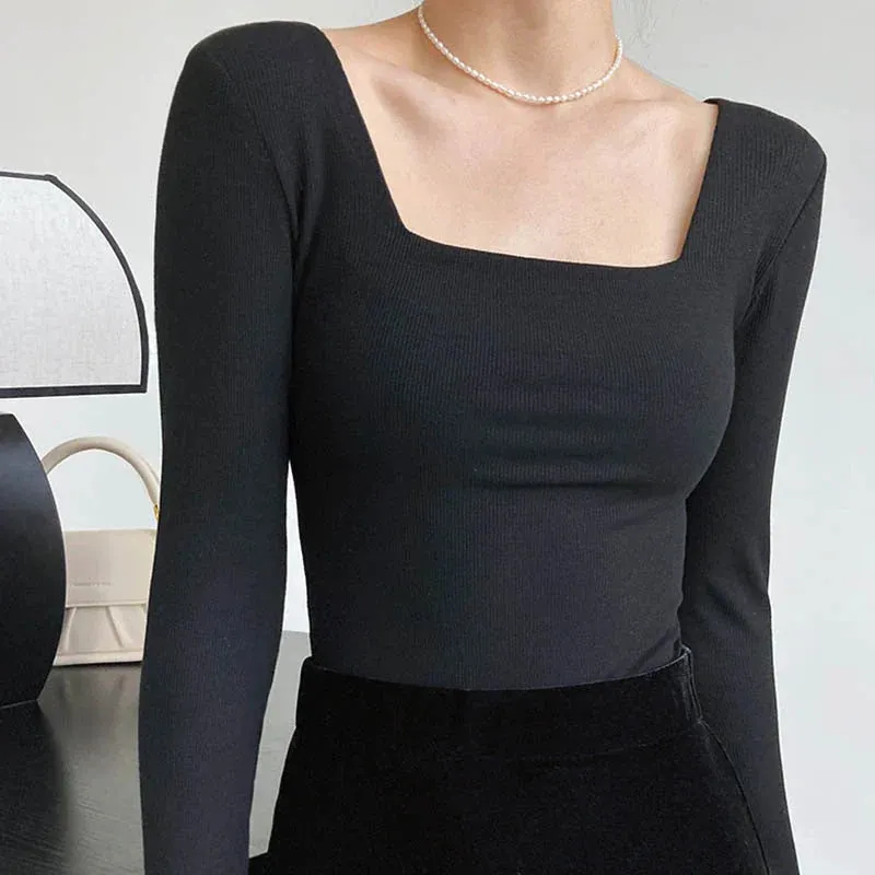 Slim-fit Square-neck Long Sleeve Tee