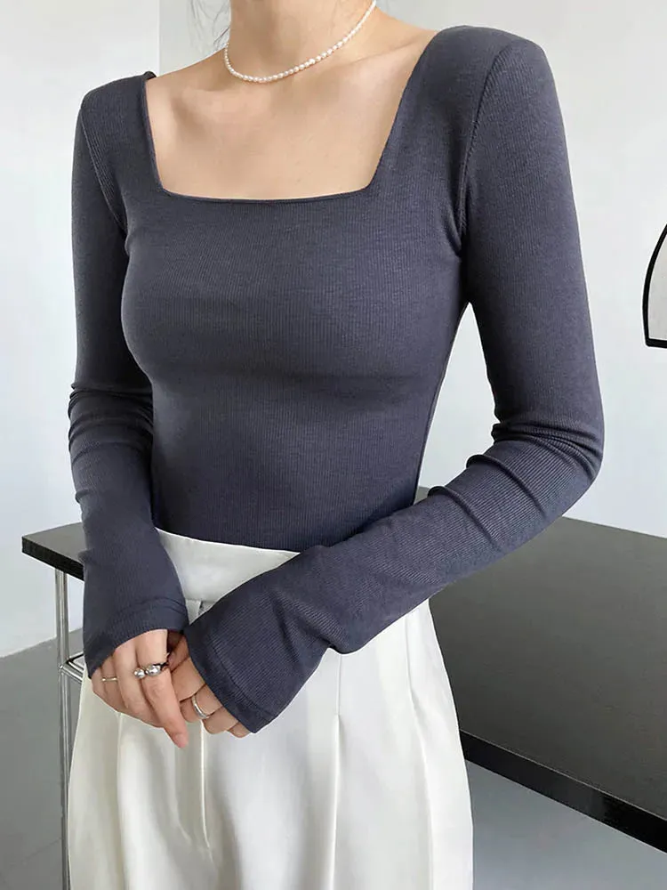 Slim-fit Square-neck Long Sleeve Tee